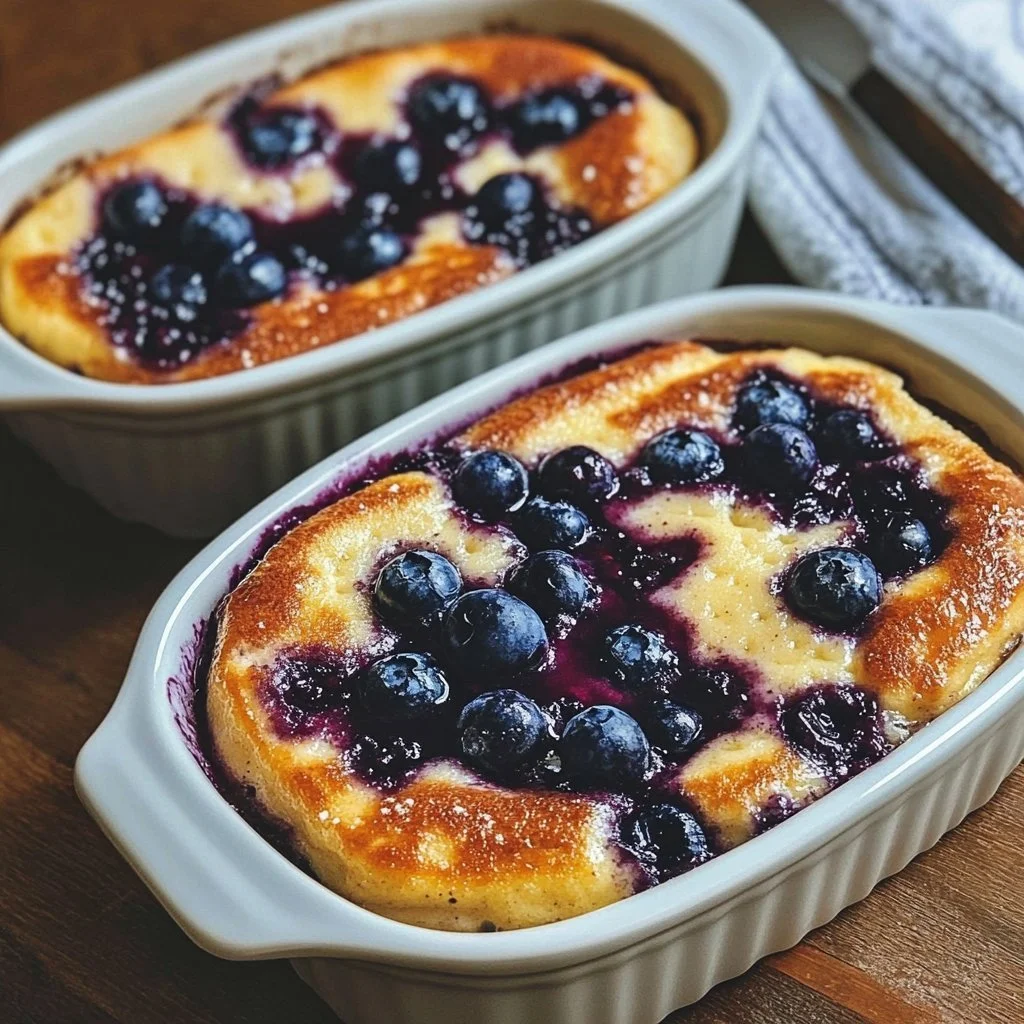 Blueberry buttermilk pancake casserole baked and served in a dish