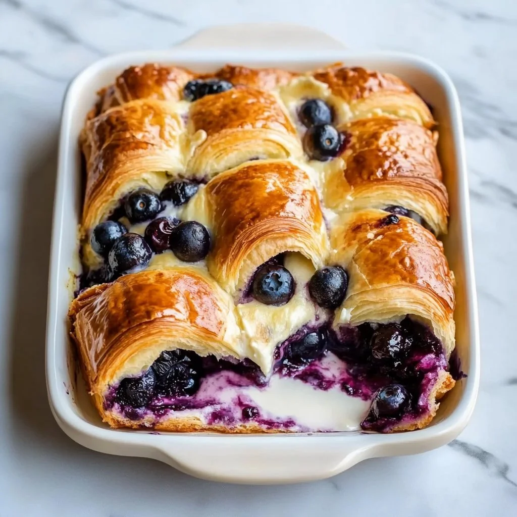 Blueberry Cream Cheese Croissant Casserole topped with fresh blueberries