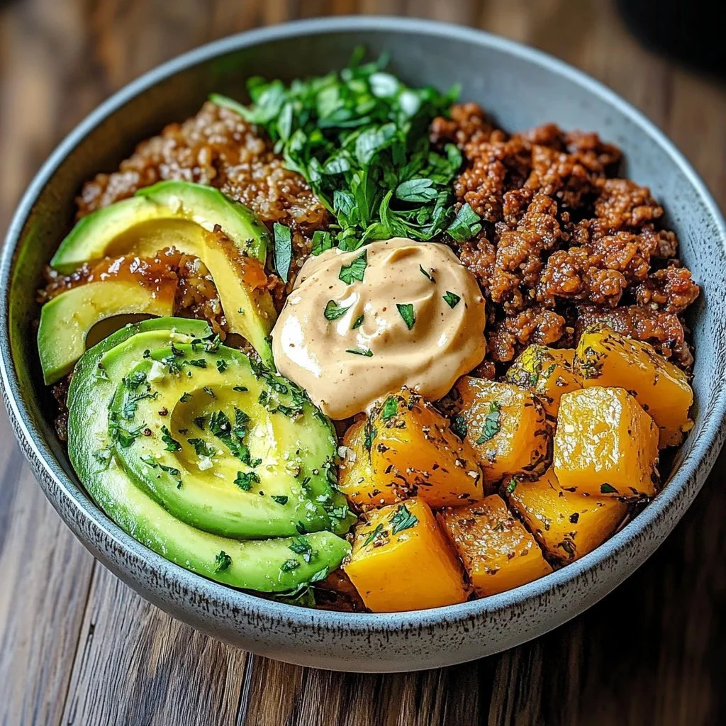 A colorful and appetizing Burger Bowl filled with veggies and a beef patty.