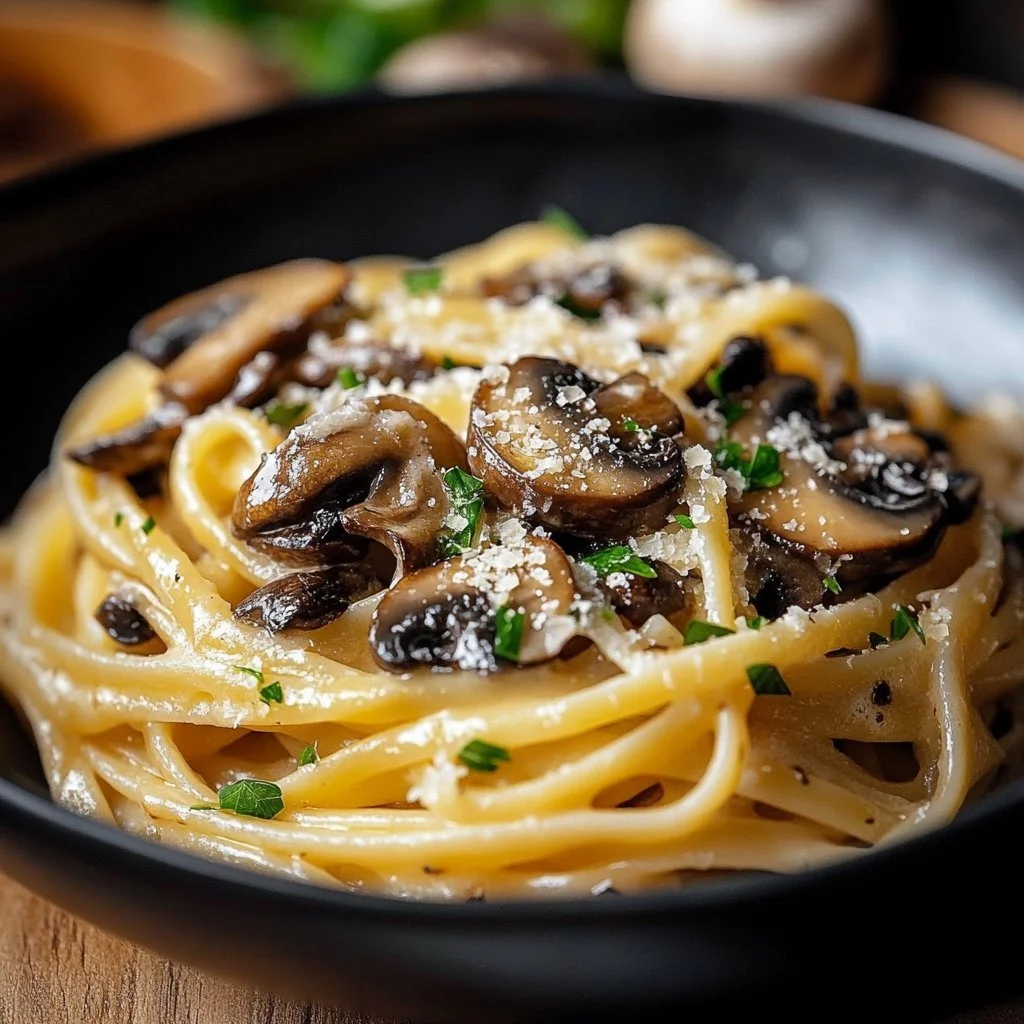 Delicious caramelized leek and mushroom pasta garnished with Gruyere cheese