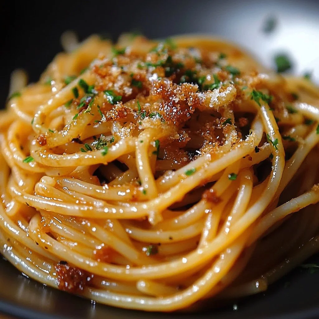 Delicious caramelized onion pasta drizzled with chili oil.