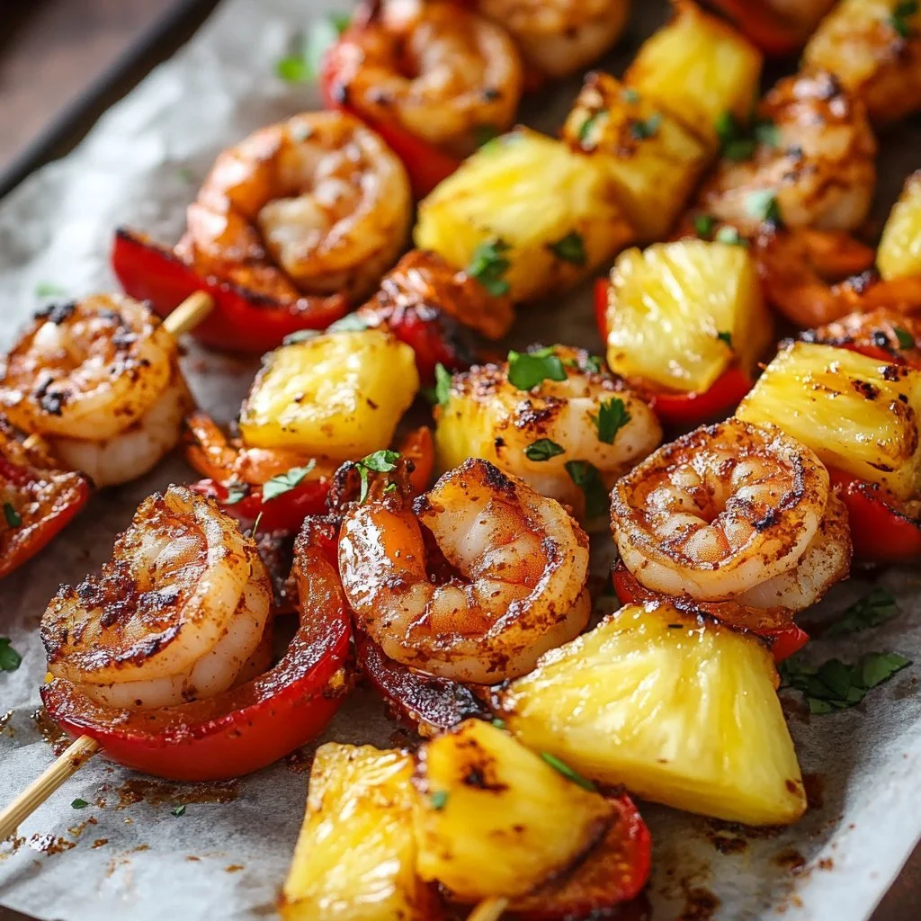 Grilled Caribbean jerk shrimp skewers garnished with fresh herbs
