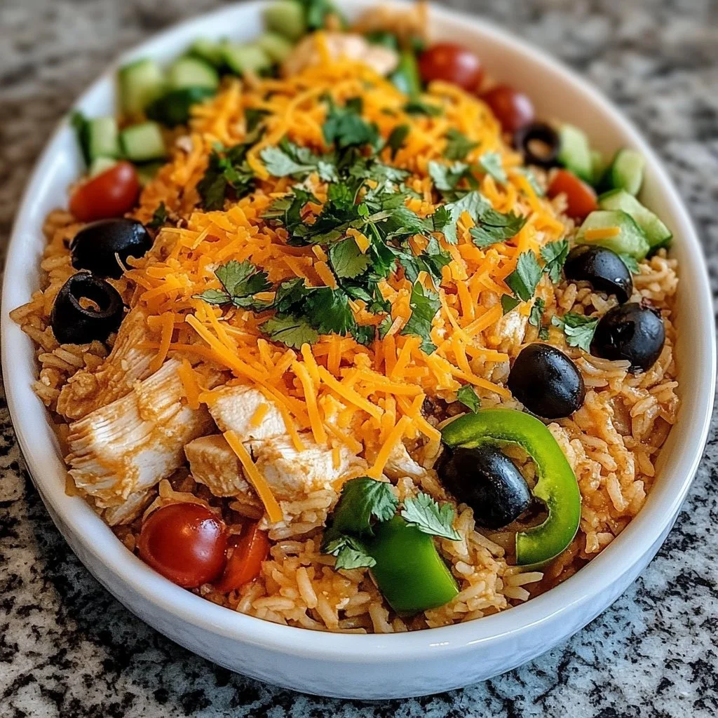 Chicken Enchilada Rice Casserole topped with cheese and fresh herbs
