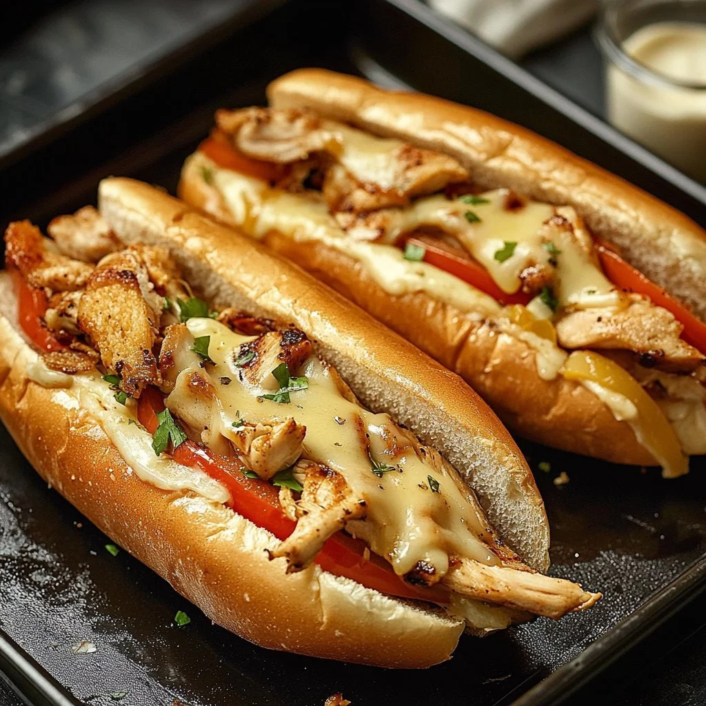 Delicious Chicken Philly Cheese Steaks with melted cheese and fresh toppings