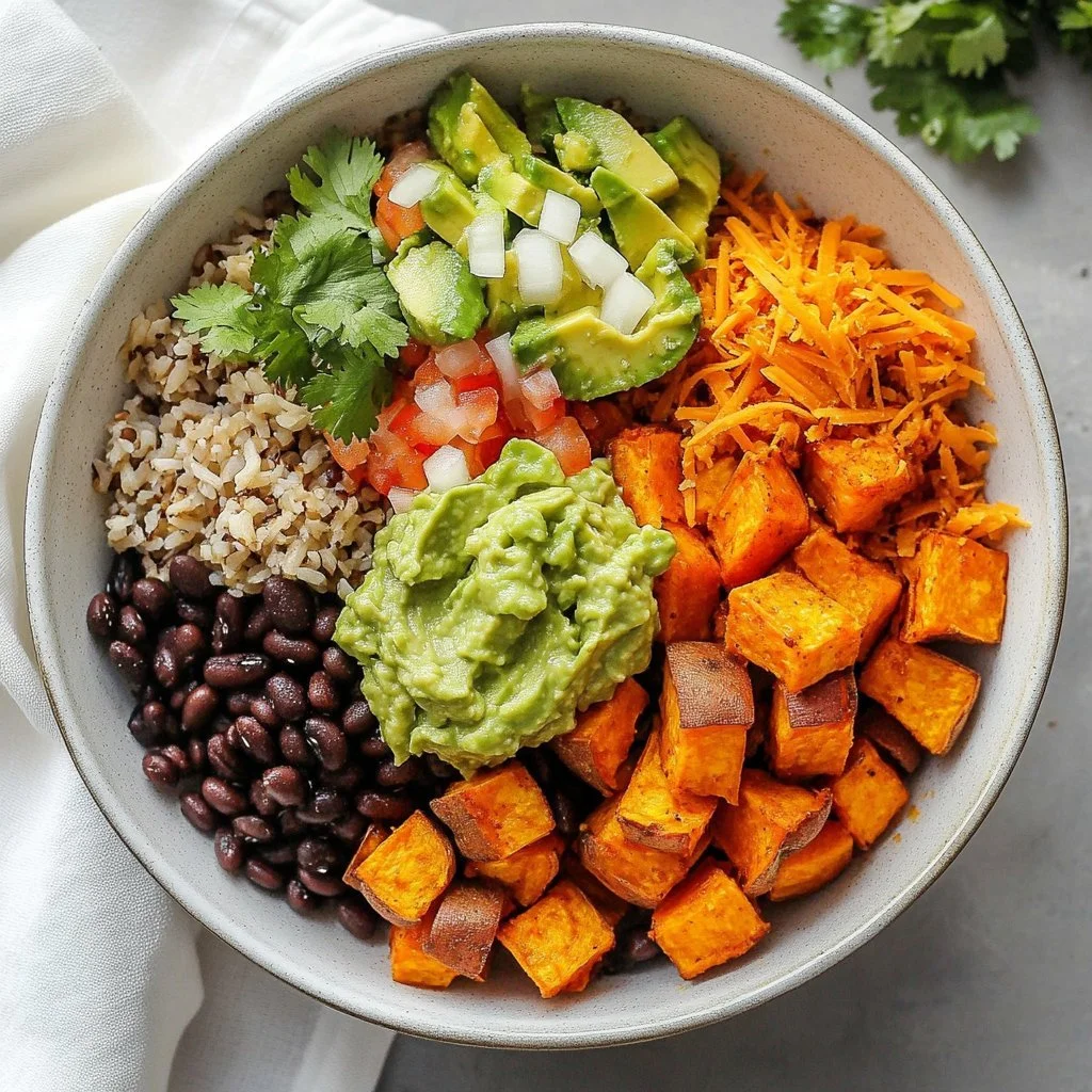 Chipotle Sweet Potato Burrito Bowl with colorful ingredients on a plate.