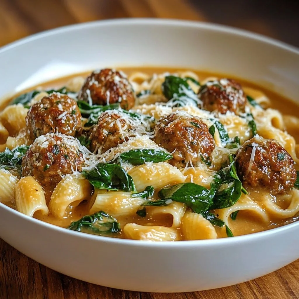 Bowl of creamy Italian Meatball Soup garnished with herbs and served warm.