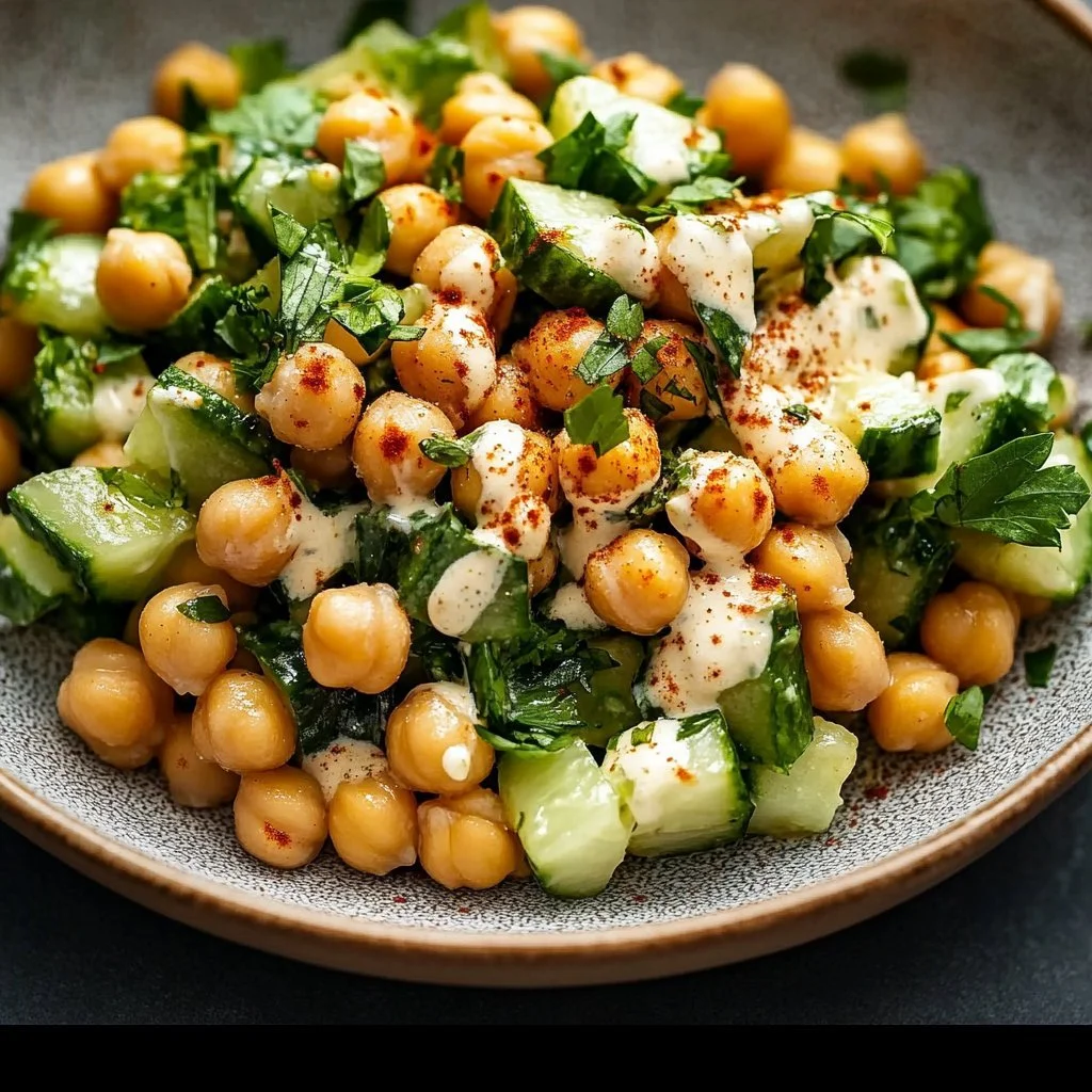 Creamy Tahini Lemon Chickpea Salad served in a bowl with fresh veggies and herbs