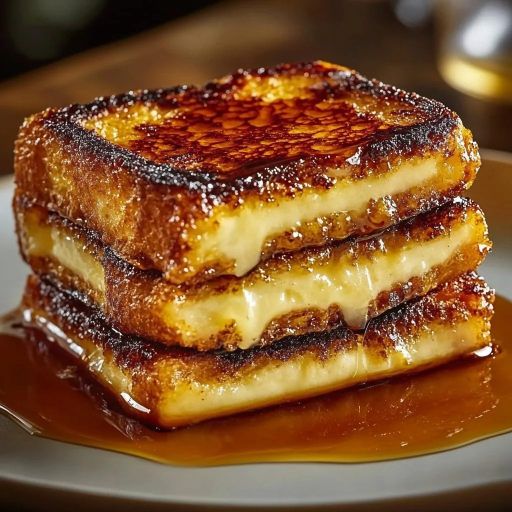 Plate of crème brûlée French toast topped with caramelized sugar and berries