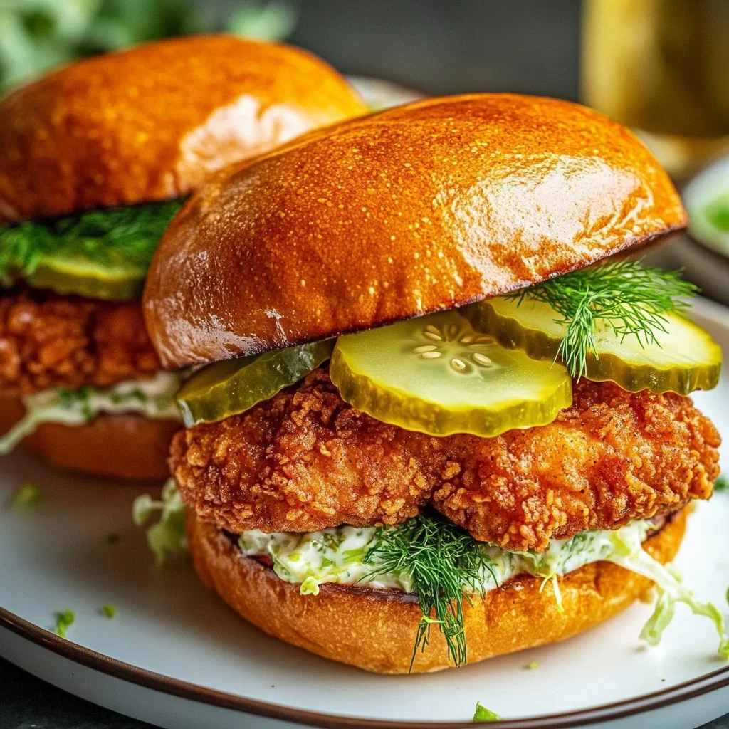 Delicious crispy dill chicken sandwich with fresh ingredients.