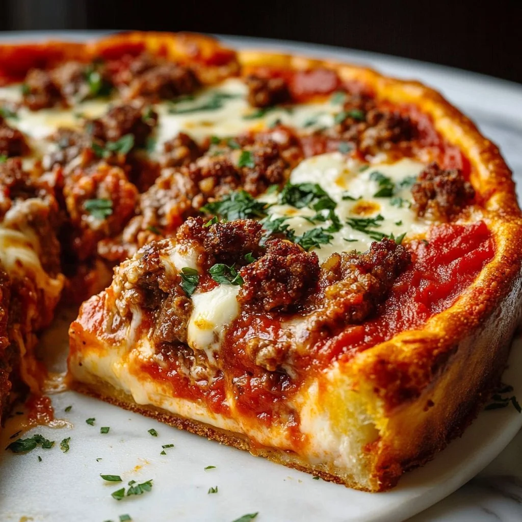 Delicious deep-dish pizza pie with melted cheese and fresh toppings