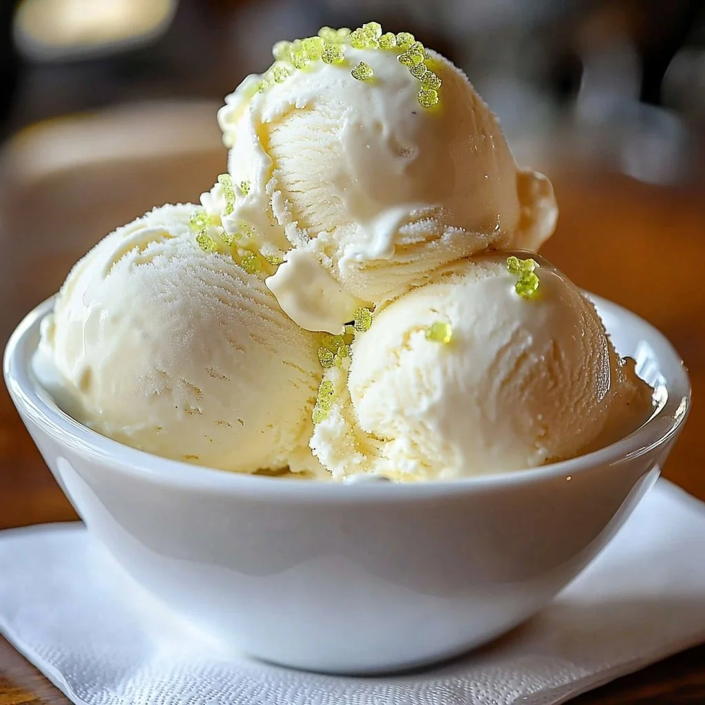A creamy scoop of homemade key lime pie ice cream in a bowl.