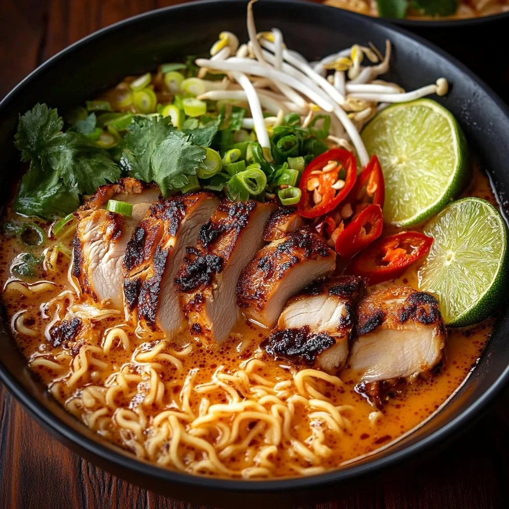 Bowl of fiery chicken ramen topped with creamy garlic sauce and green onions