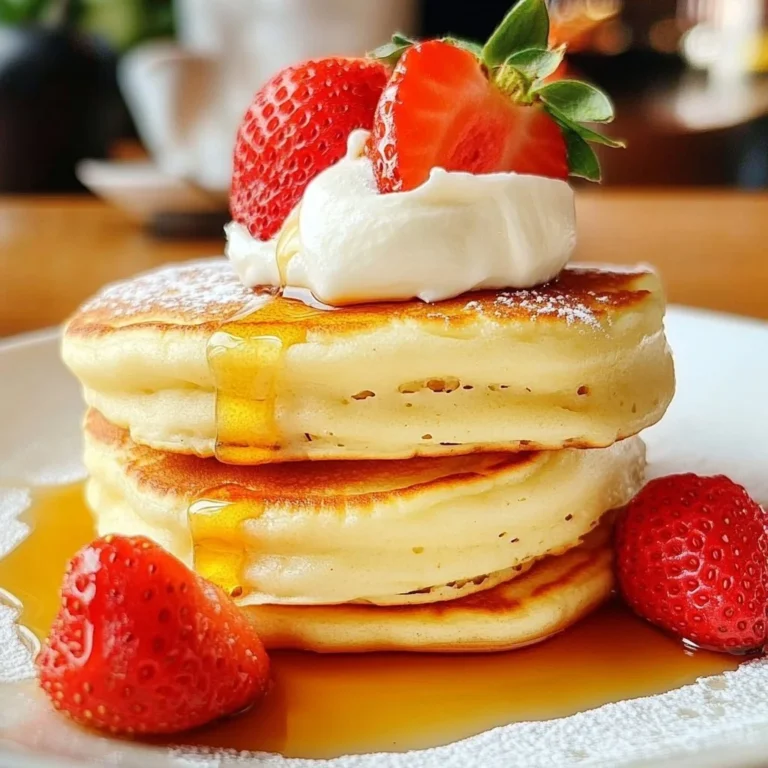 Fluffy Japanese soufflé pancakes stacked high on a plate with syrup and fruit