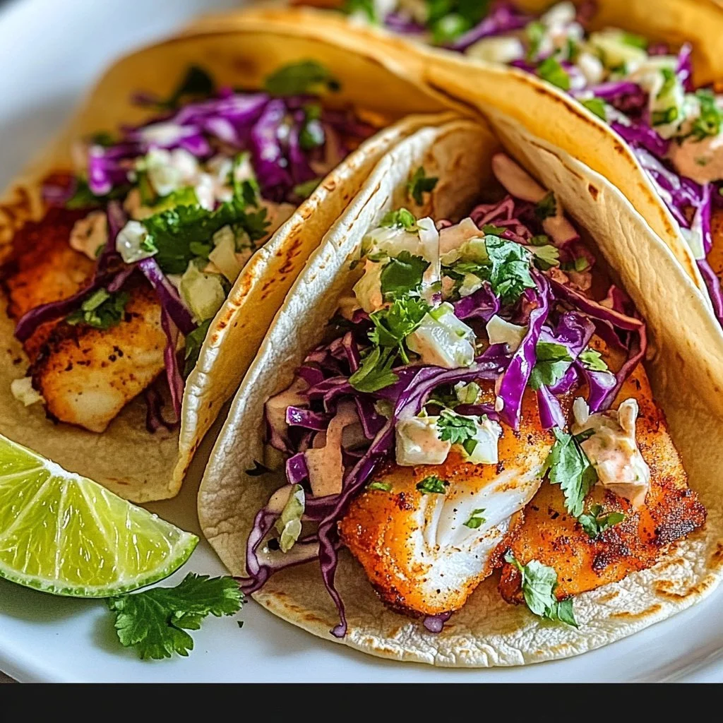 Delicious fish tacos topped with zesty cilantro lime slaw on a plate