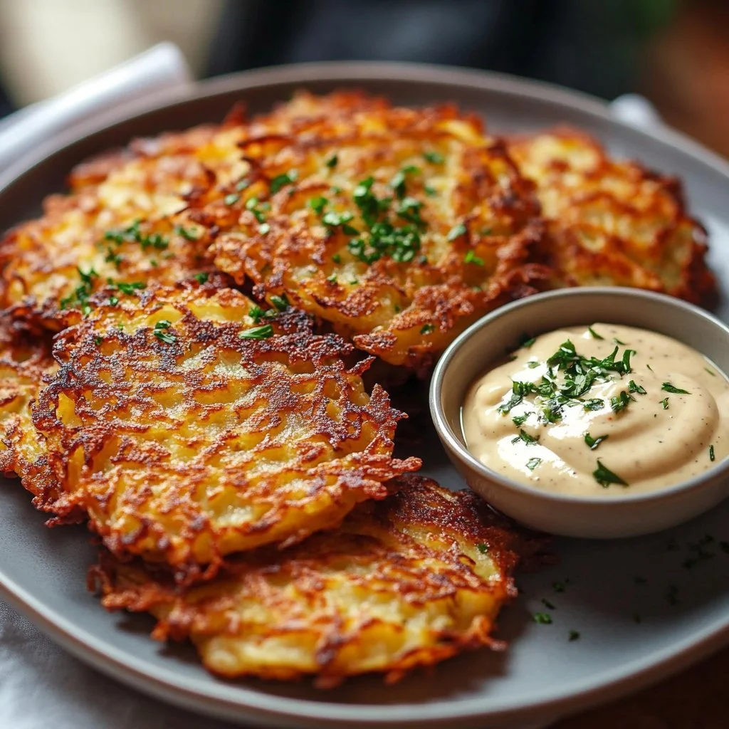 Crispy German potato pancakes served with sour cream and chives.