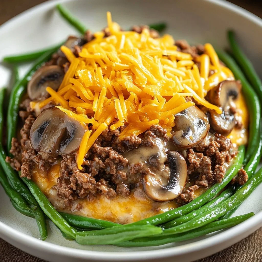 Delicious Hamburger Green Bean Casserole with Mushrooms served in a baking dish