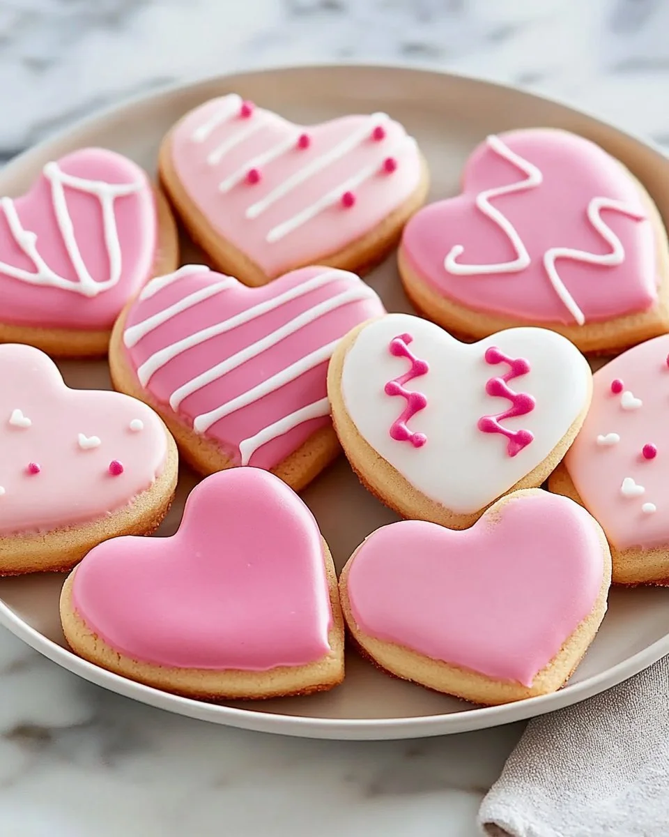 Freshly baked heart-shaped cookies decorated with icing and sprinkles.