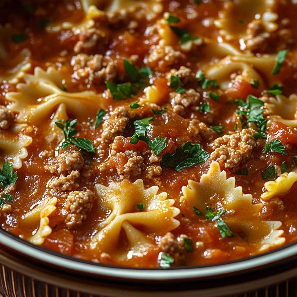 A bowl of hearty slow cooker lasagna soup garnished with herbs and cheese.