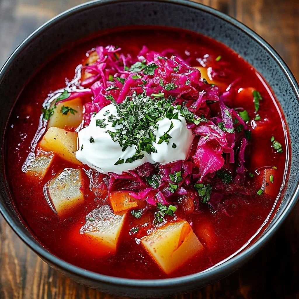 Bowl of hearty vegan borscht with beets and fresh vegetables