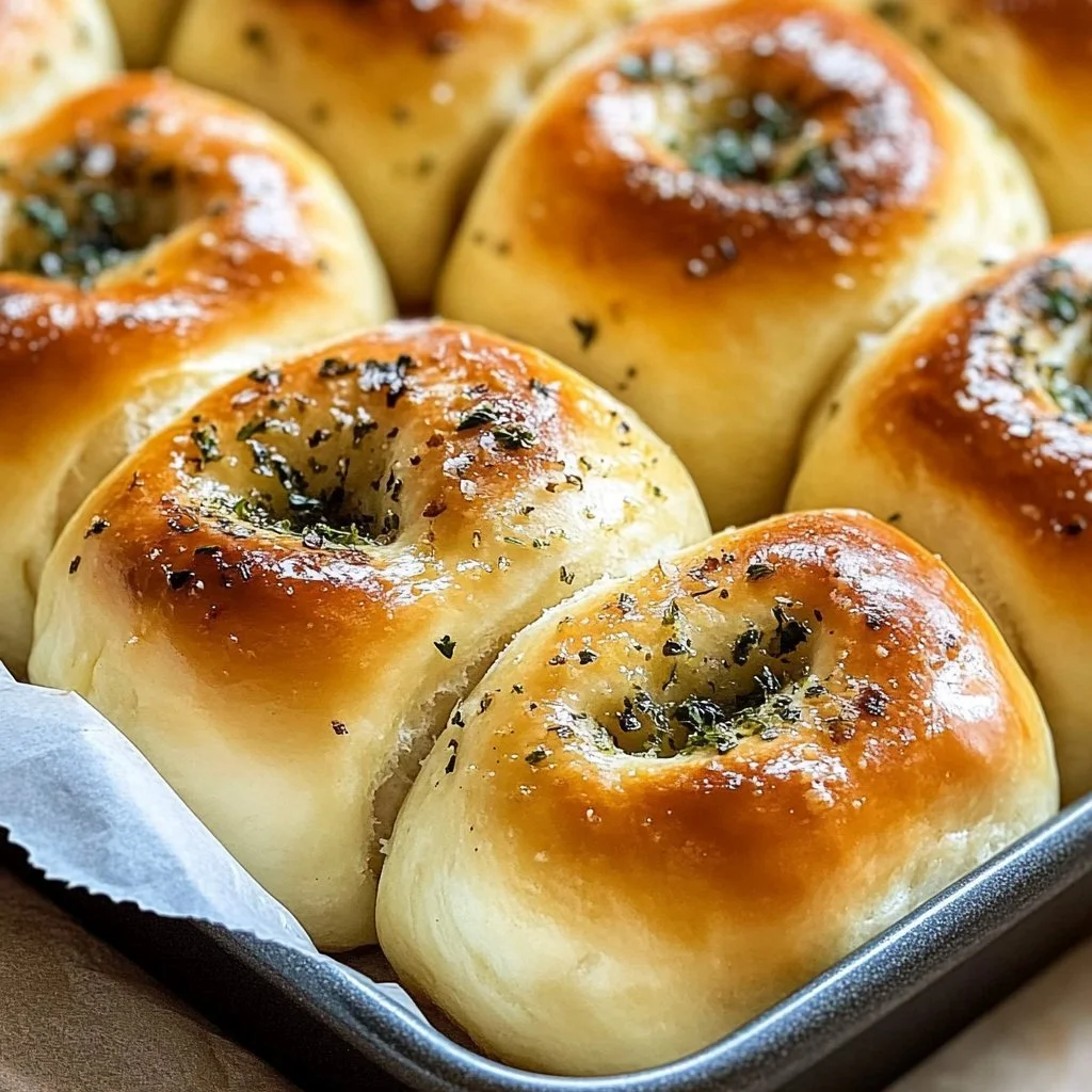 Plate of irresistible Herb & Garlic Swirl Rolls with fresh herbs.