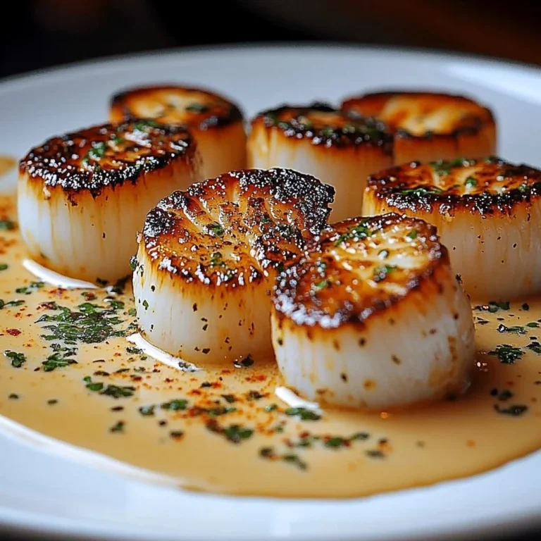 Plate of irresistible seared scallops with spicy Cajun cream sauce garnished herbs