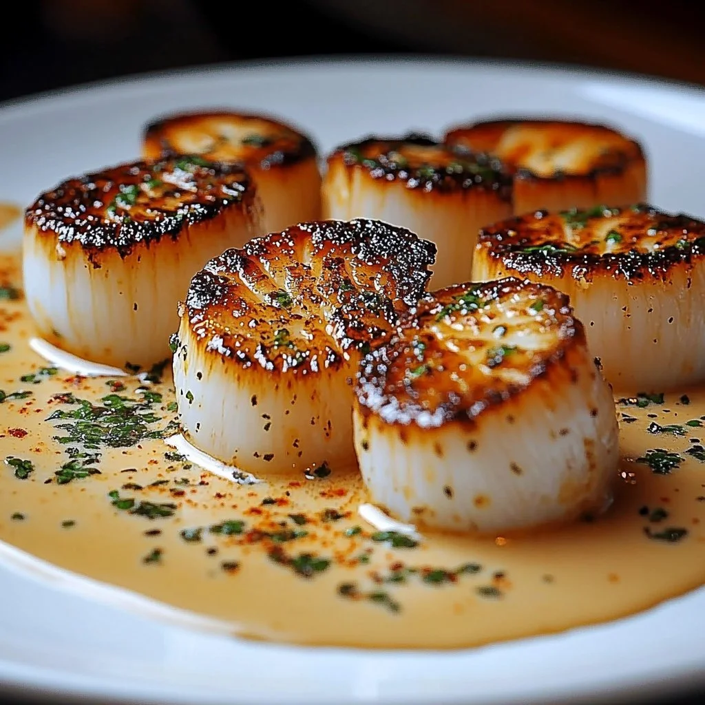 Plate of irresistible seared scallops with spicy Cajun cream sauce garnished herbs