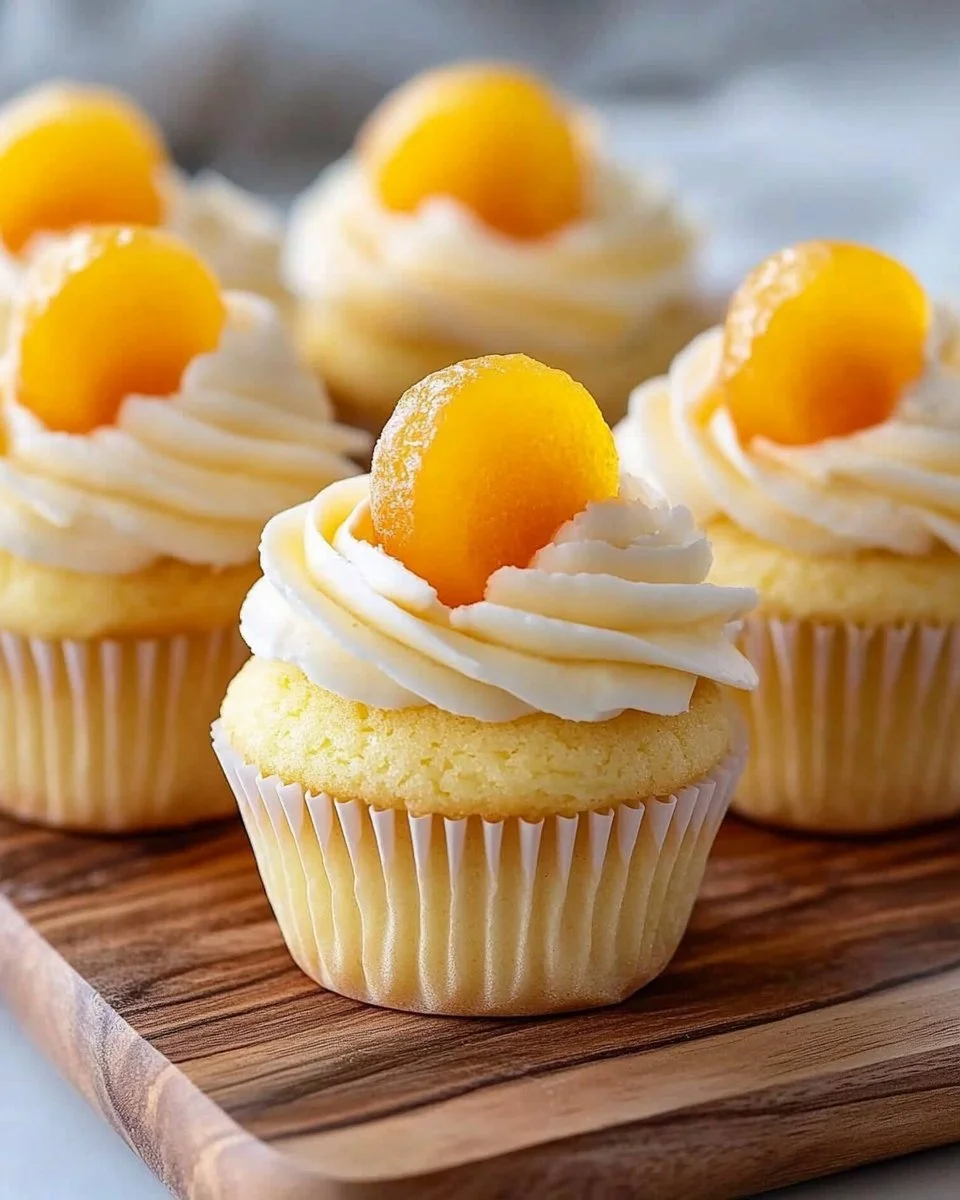 Mango cupcakes topped with frosting and filled with mango coulis