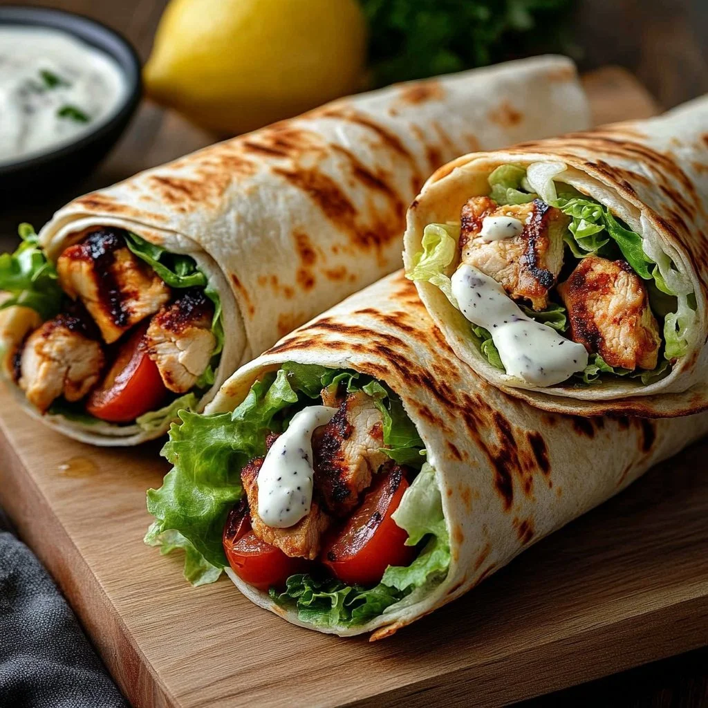 Delicious Mediterranean Chicken Gyros with creamy feta tzatziki sauce served on a plate.