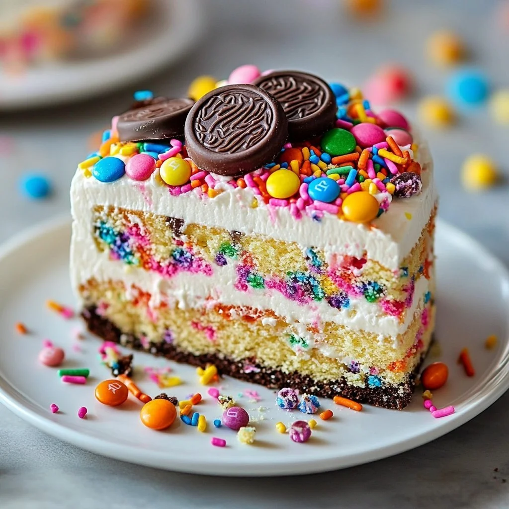 No-Bake Funfetti Oreo Icebox dessert with colorful sprinkles and Oreo cookies