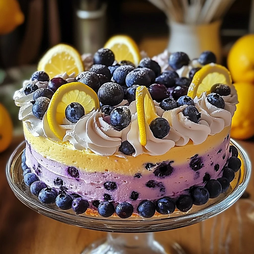 No-bake lemon blueberry cream cake topped with fresh blueberries and lemon zest