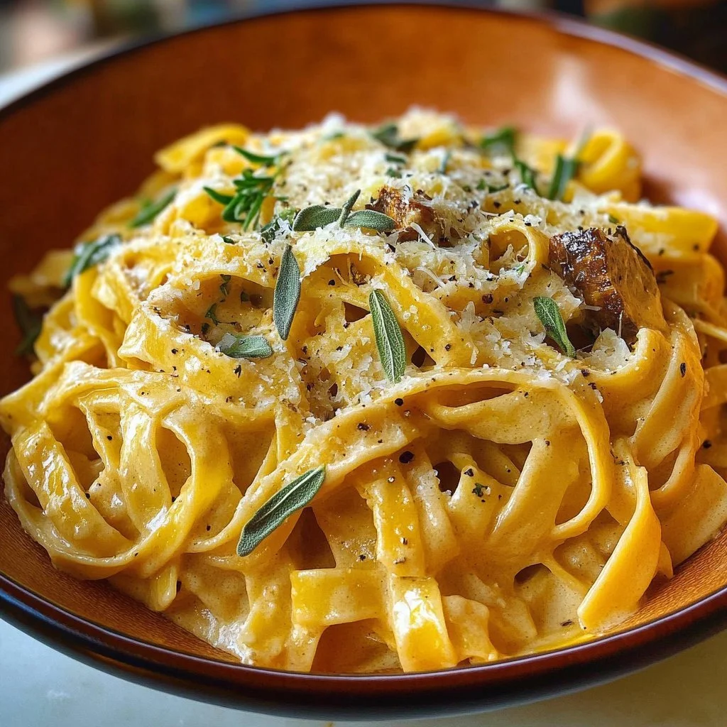 A bowl of creamy Pumpkin Alfredo Pasta garnished with herbs.