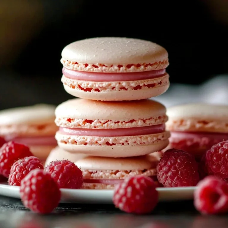 Delicious raspberry macarons displayed on a rustic wooden table.