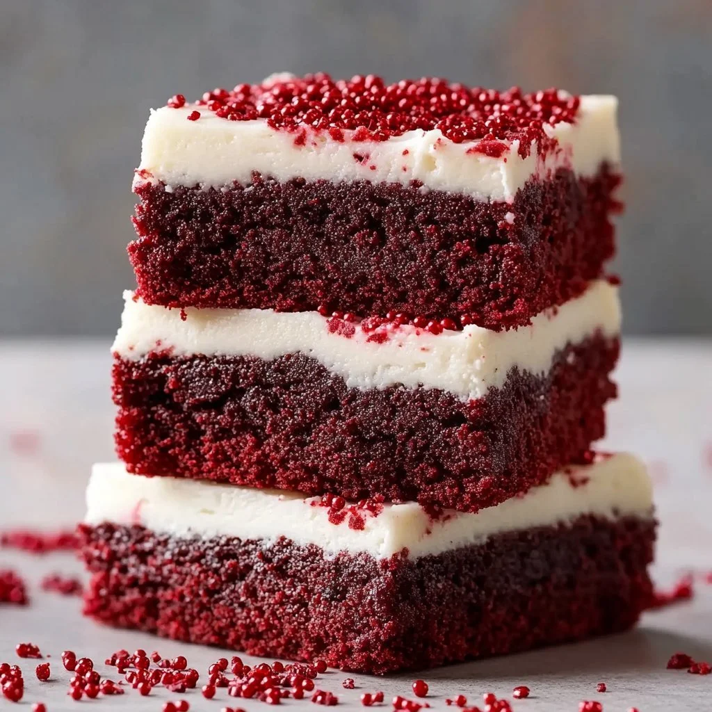 Decadent red velvet brownies with a rich cream cheese frosting on a white plate