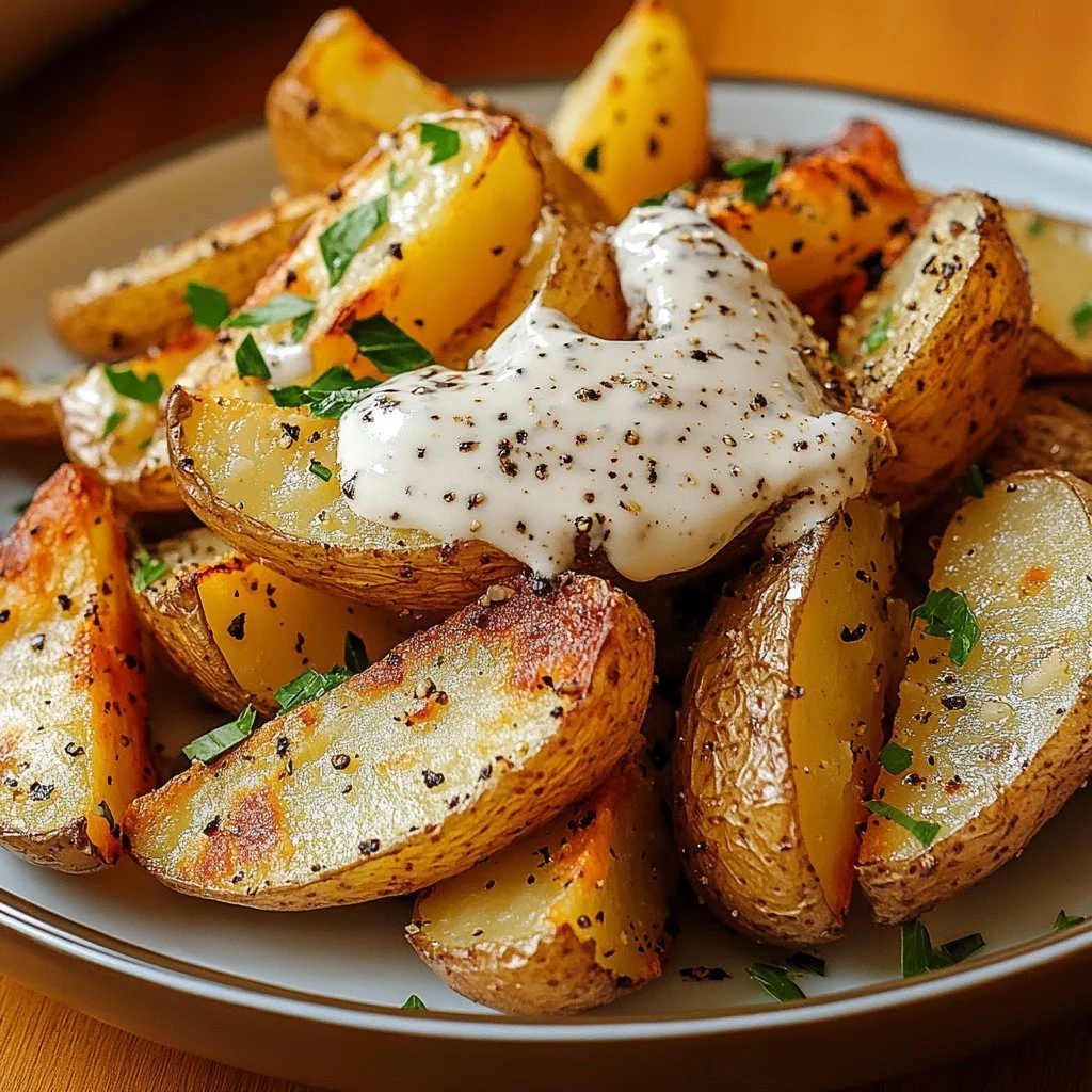 Delicious roasted potatoes topped with melted goat cheese dressing