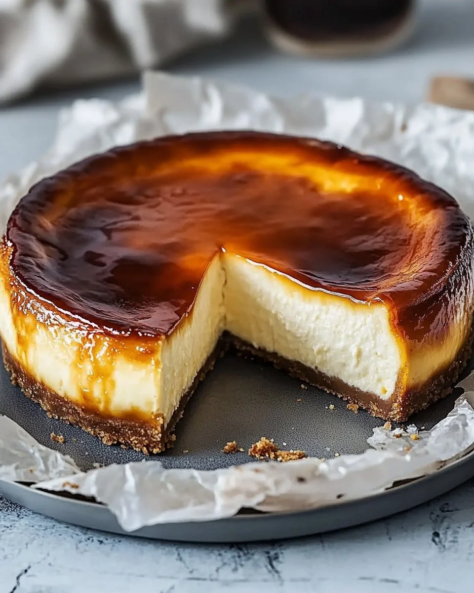 A slice of burnt basque cheesecake topped with caramelized crust and creamy filling.