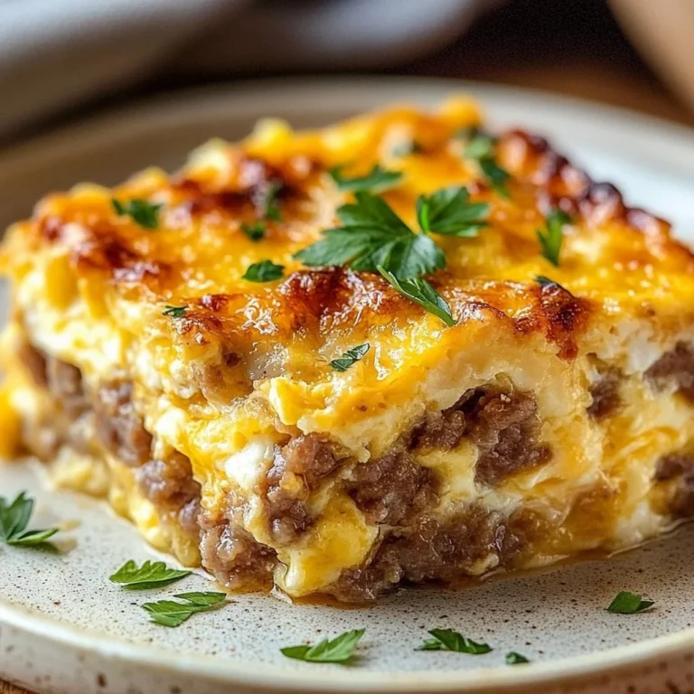 Savory Sausage and Egg Casserole topped with cheese and herbs, served in a baking dish.