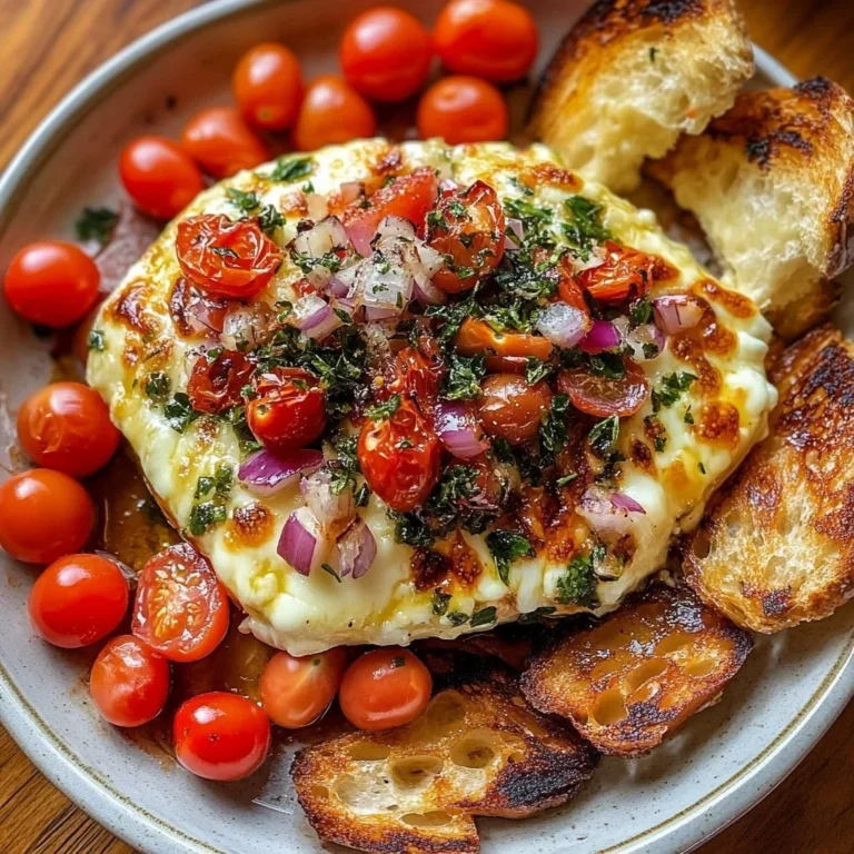 Savory Baked Bruschetta Dip topped with fresh basil and creamy cheese