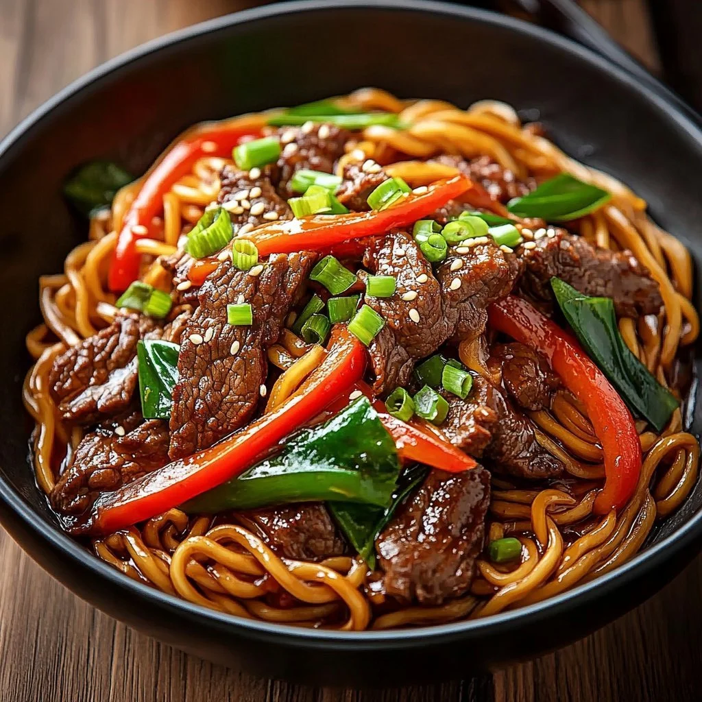 Bowl of spicy Korean Gochujang beef noodles topped with fresh vegetables.
