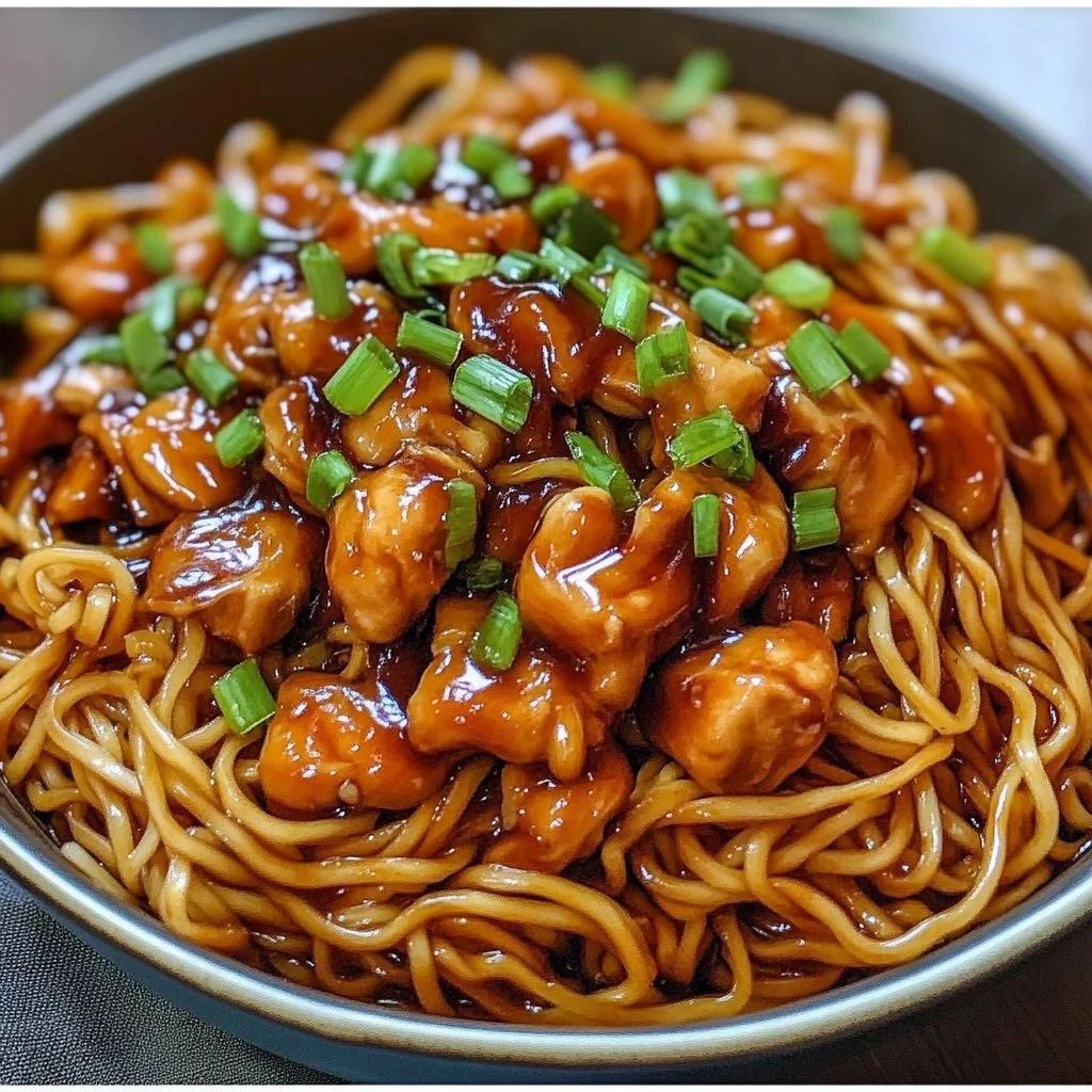 Delicious sticky garlic chicken noodles served in a bowl with vegetables