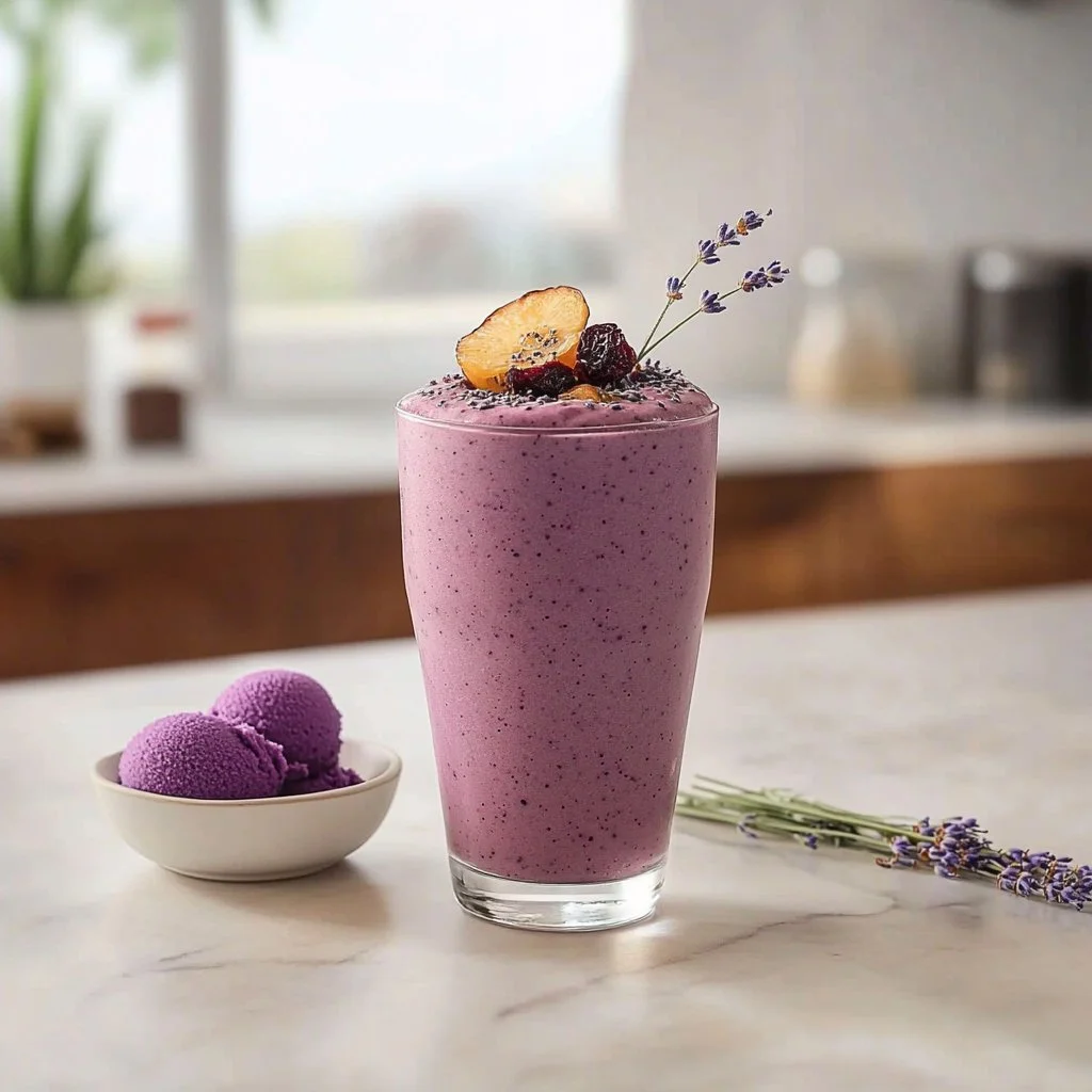 Whimsical purple sweet potato smoothie with lavender infusion in a glass