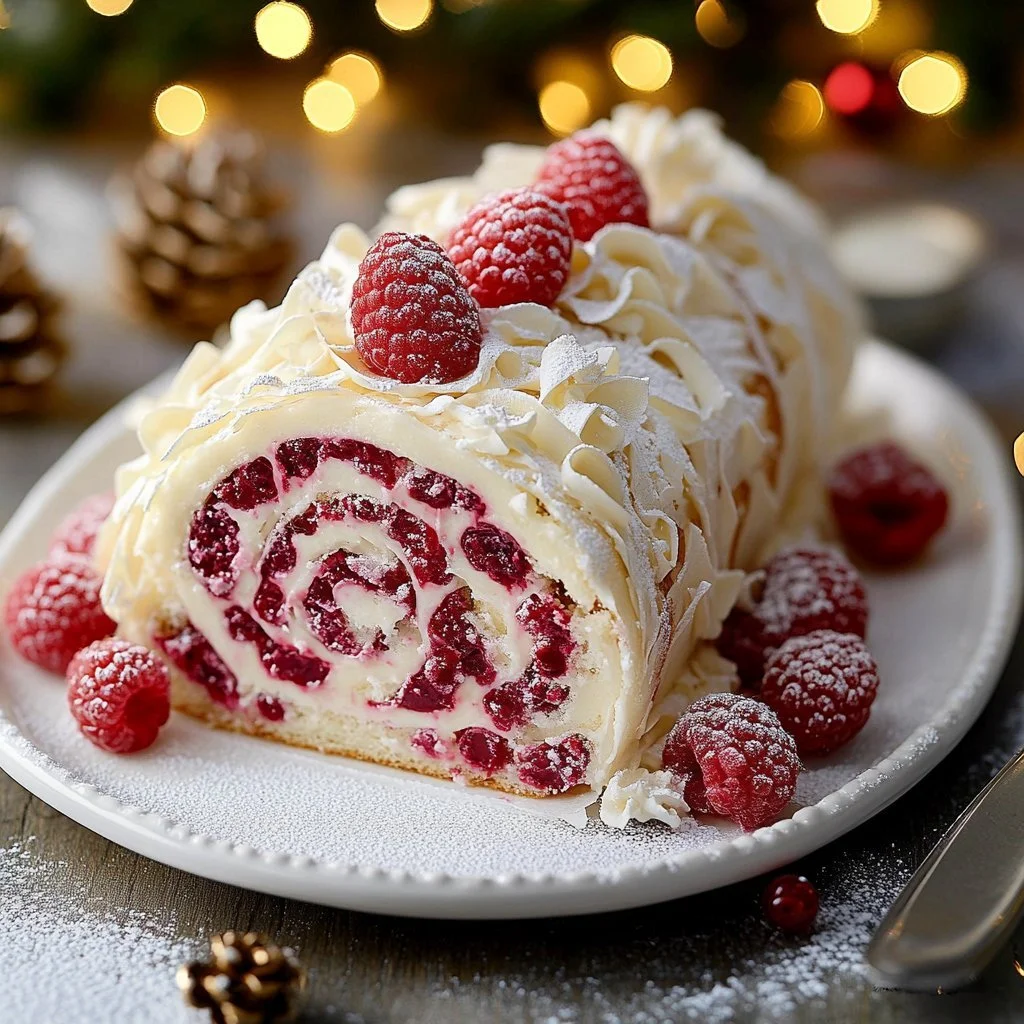 White Chocolate Raspberry Yule Log decorated for the holidays