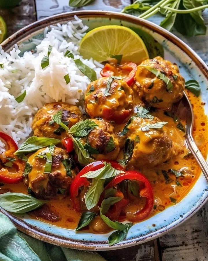 Asian-Style Chicken Meatball Curry dish served with rice and garnished with herbs.