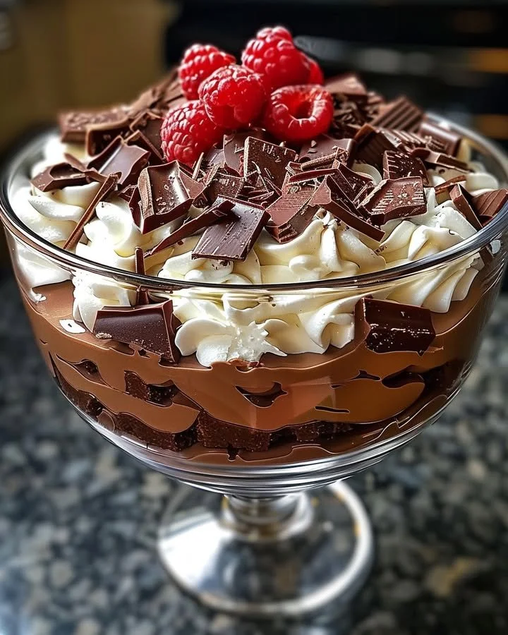 Baileys chocolate cheesecake trifle layered in a glass dessert bowl