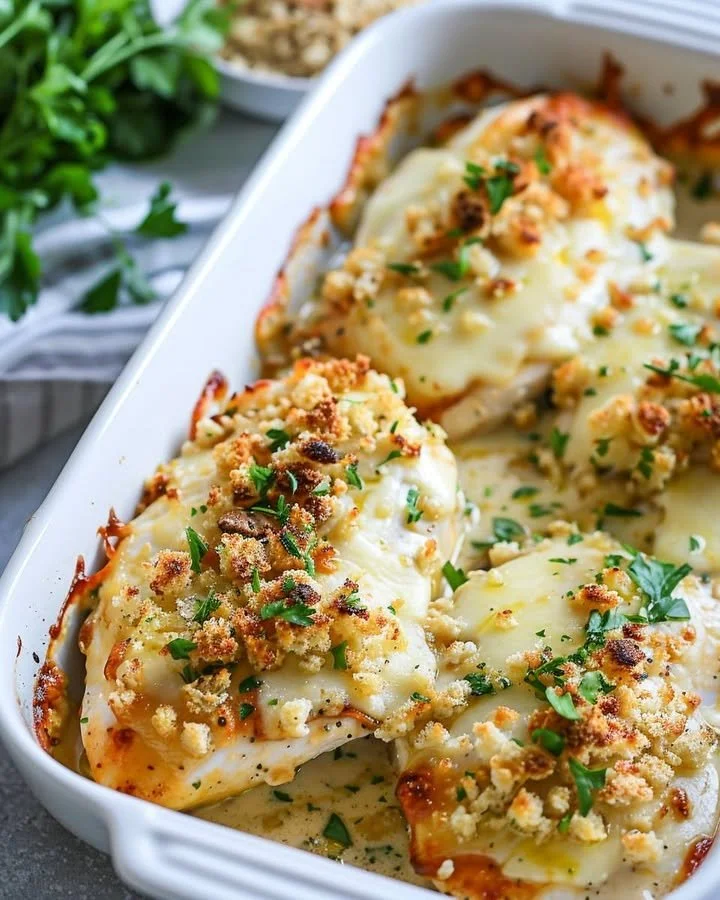 Baked Caesar Chicken dish served on a plate with fresh herbs
