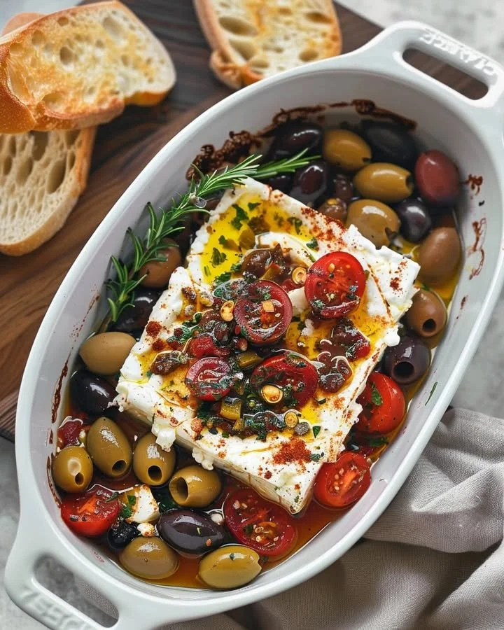 A dish of baked feta cheese topped with olives and tomatoes, served warm.