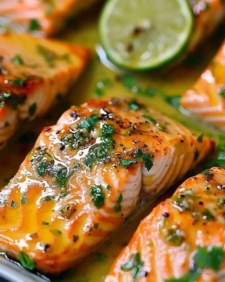 Baked honey lime garlic butter salmon dish garnished with fresh herbs