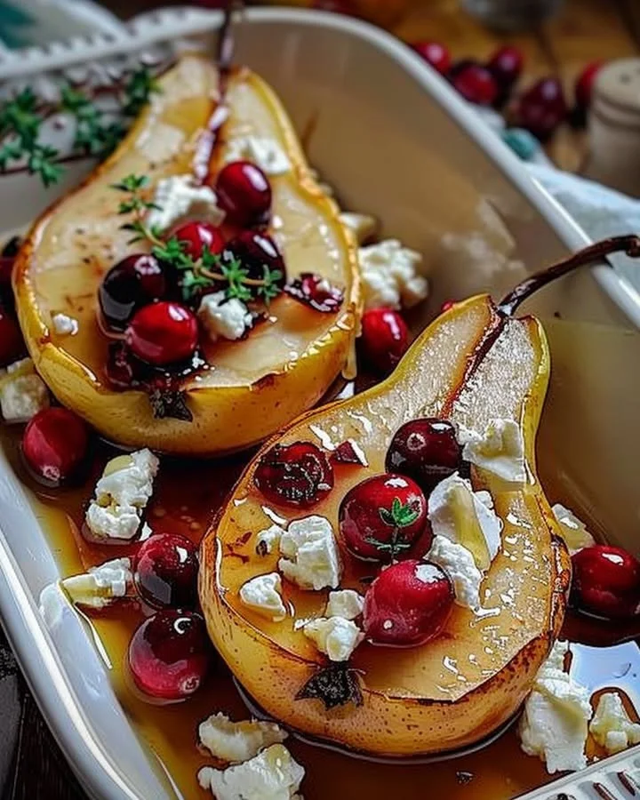 Baked pears with feta cheese, honey, and cranberries on a plate