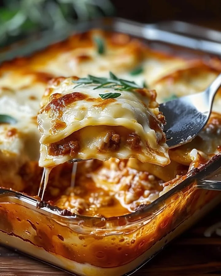 Delicious Baked Ravioli casserole topped with cheese and herbs
