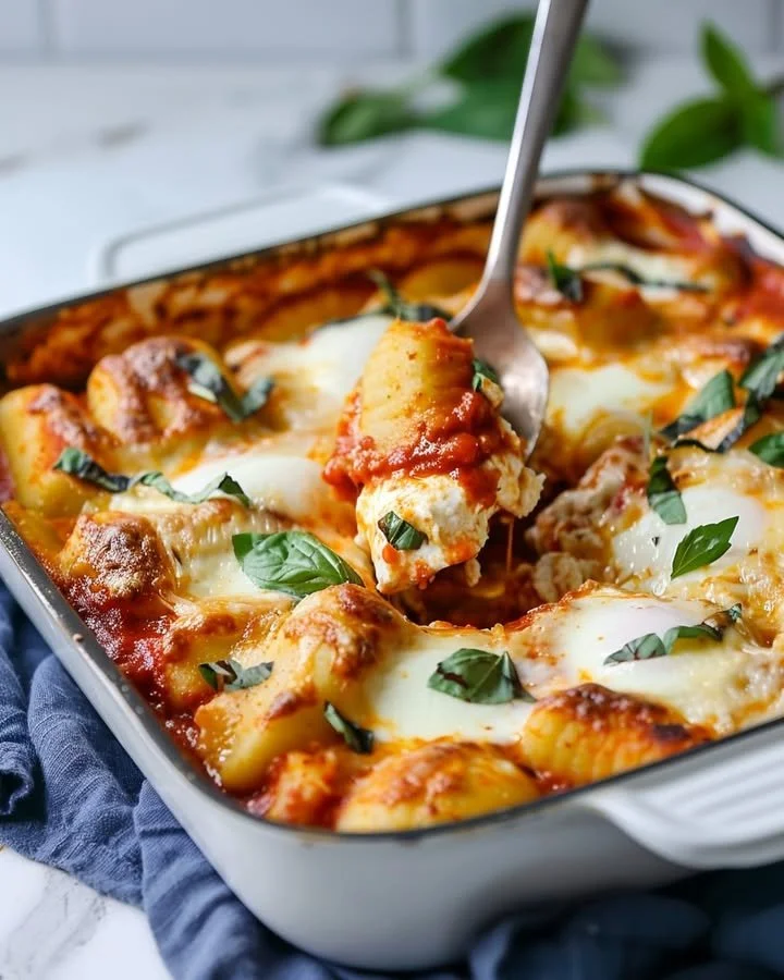 Baked ricotta gnocchi topped with cheese and herbs in a baking dish