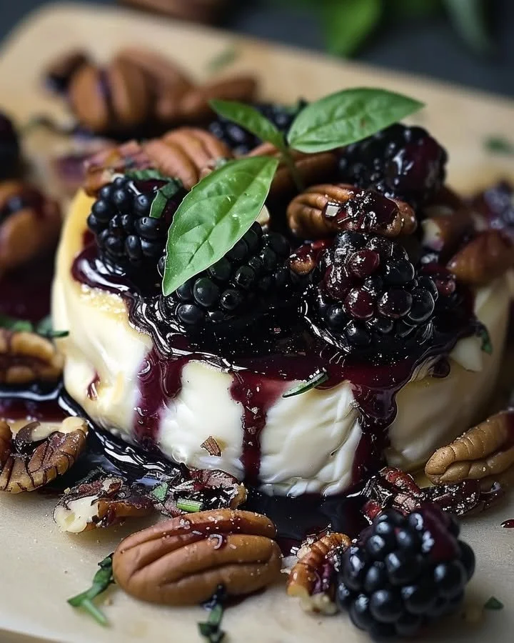Balsamic glazed brie with blackberries, basil, and candied pecans on a platter.